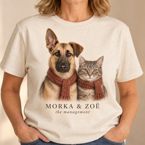 Matching pet shirts for couples: a personalised pet portrait t-shirt on the person who got it