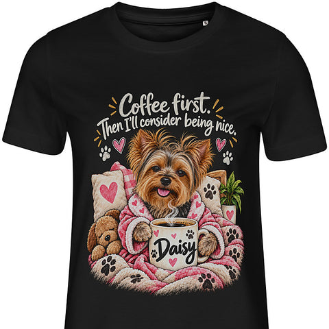 Coffee First: dog portrait t-shirt