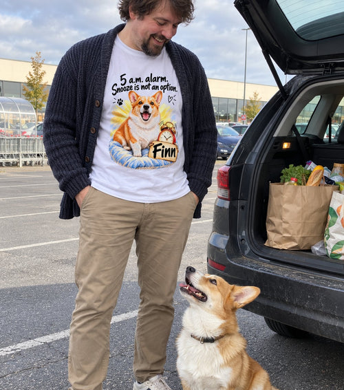 5 a.m. Alarm t-shirt worn by its owner, with their dog