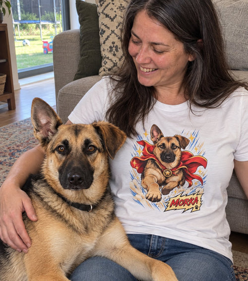Anime Hero t-shirt worn by its owner, with their dog