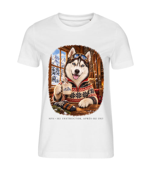 Après-Ski – women white t-shirt with a dog portrait