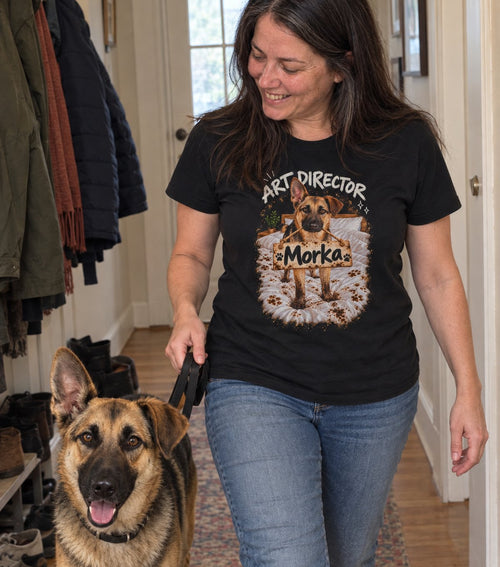 Art Director t-shirt worn by its owner, with their dog
