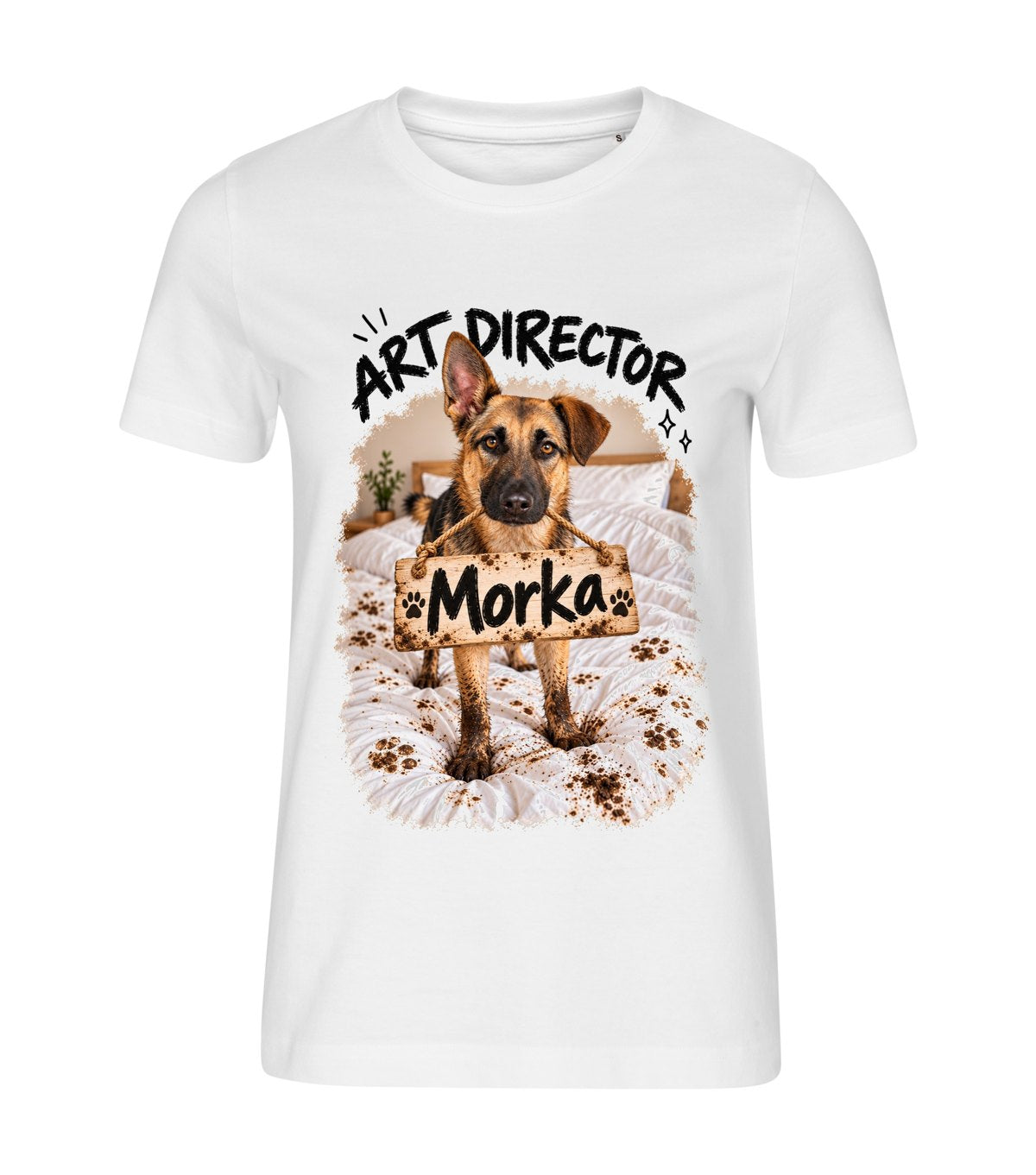 Art Director – women white t-shirt with a dog portrait