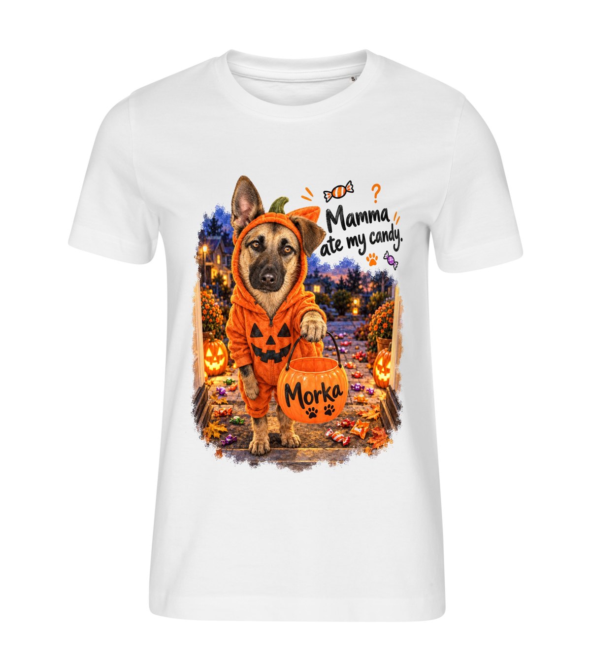 Ate My Candy – women white t-shirt with a dog portrait