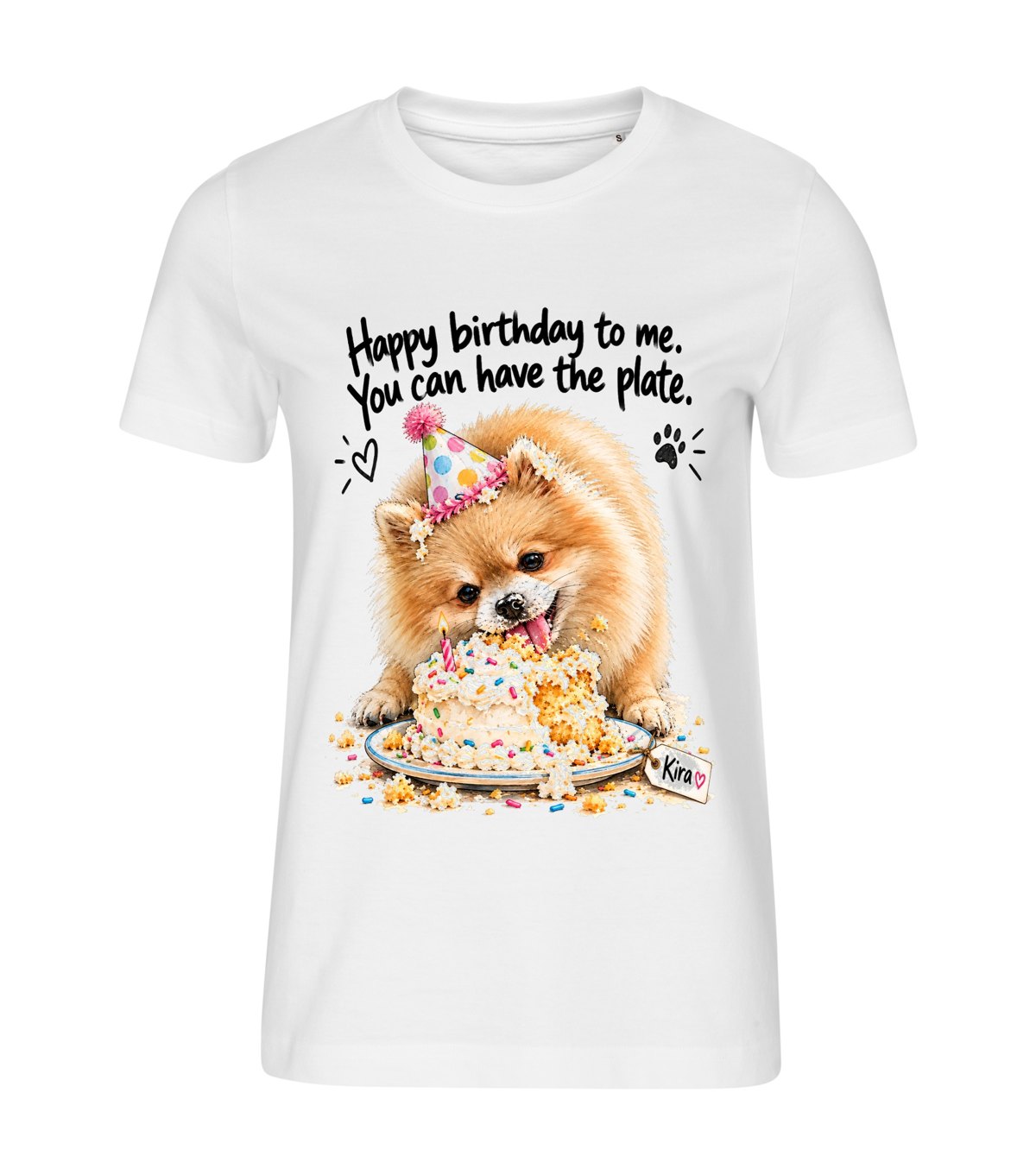 Birthday Cake – women white t-shirt with a dog portrait