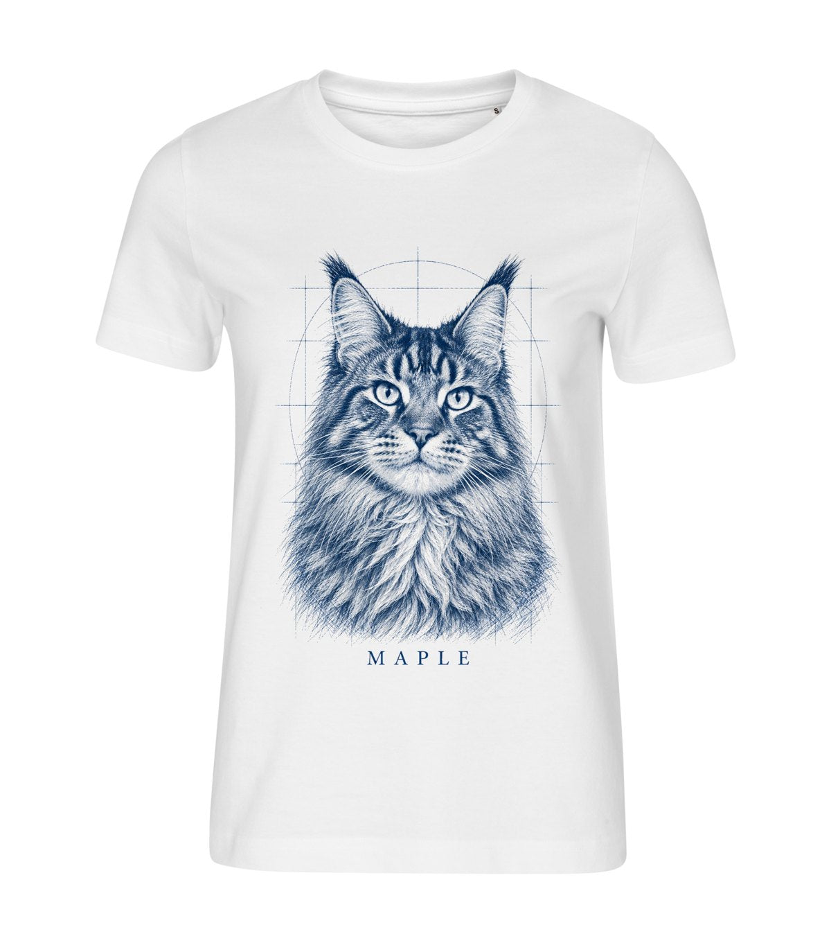 Blue Ink Etching – women white t-shirt with a cat portrait