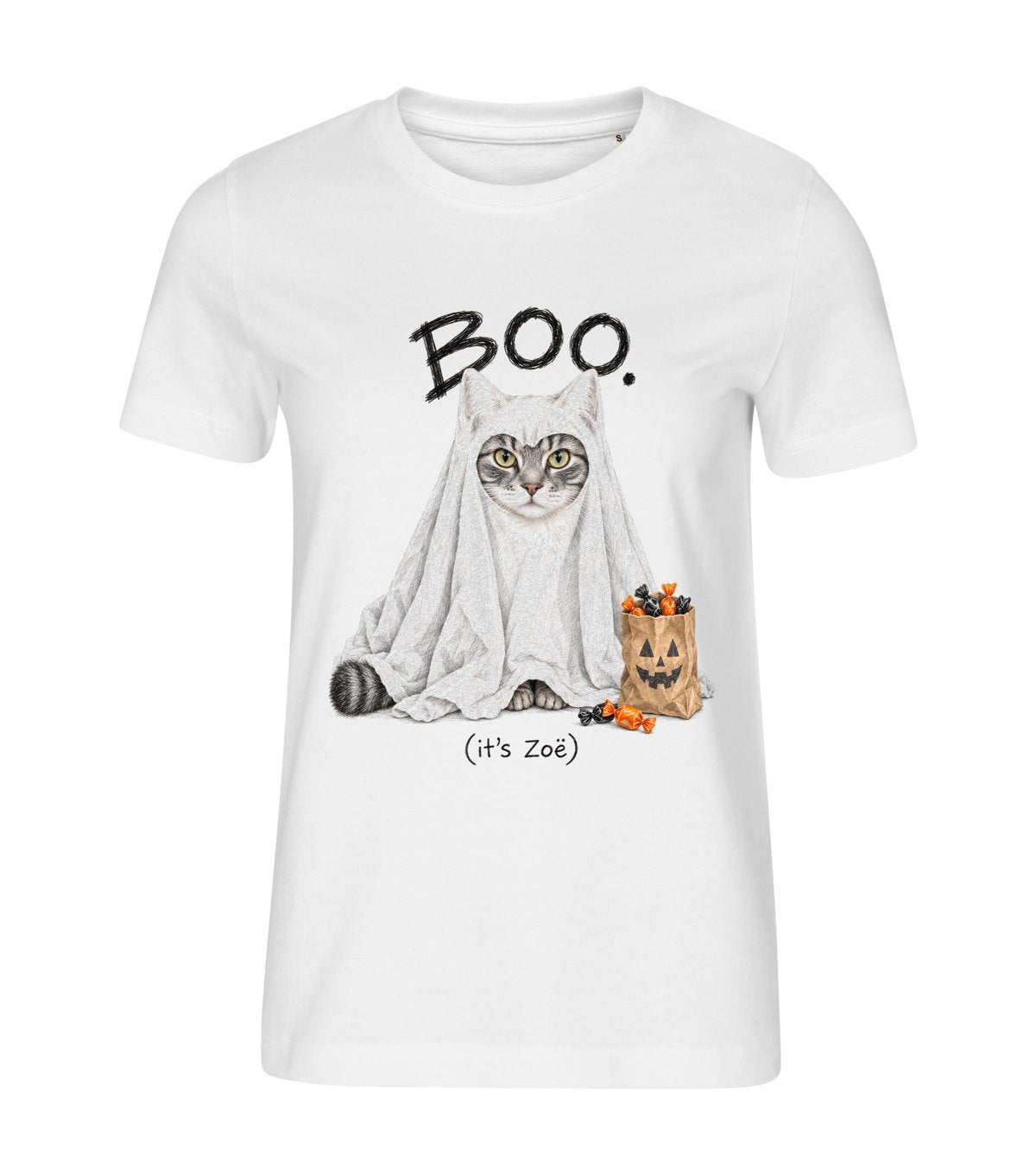 Boo Ghost – women white t-shirt with a cat portrait