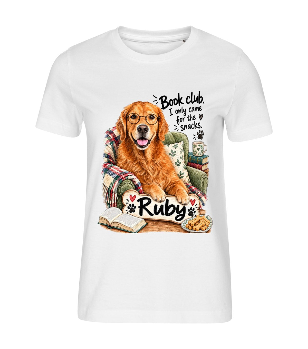 Book Club – women white t-shirt with a dog portrait