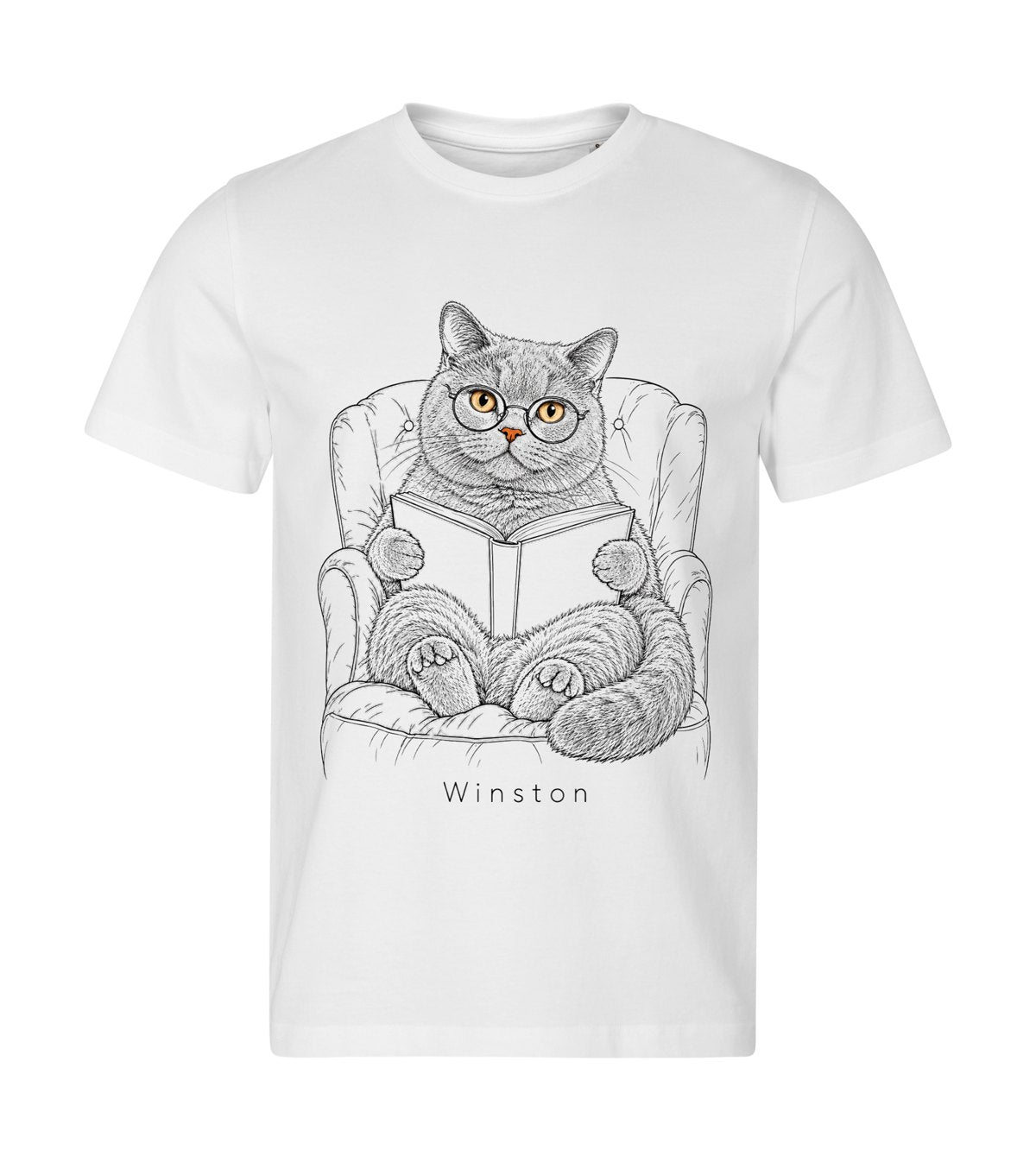 Bookworm – men white t-shirt with a cat portrait