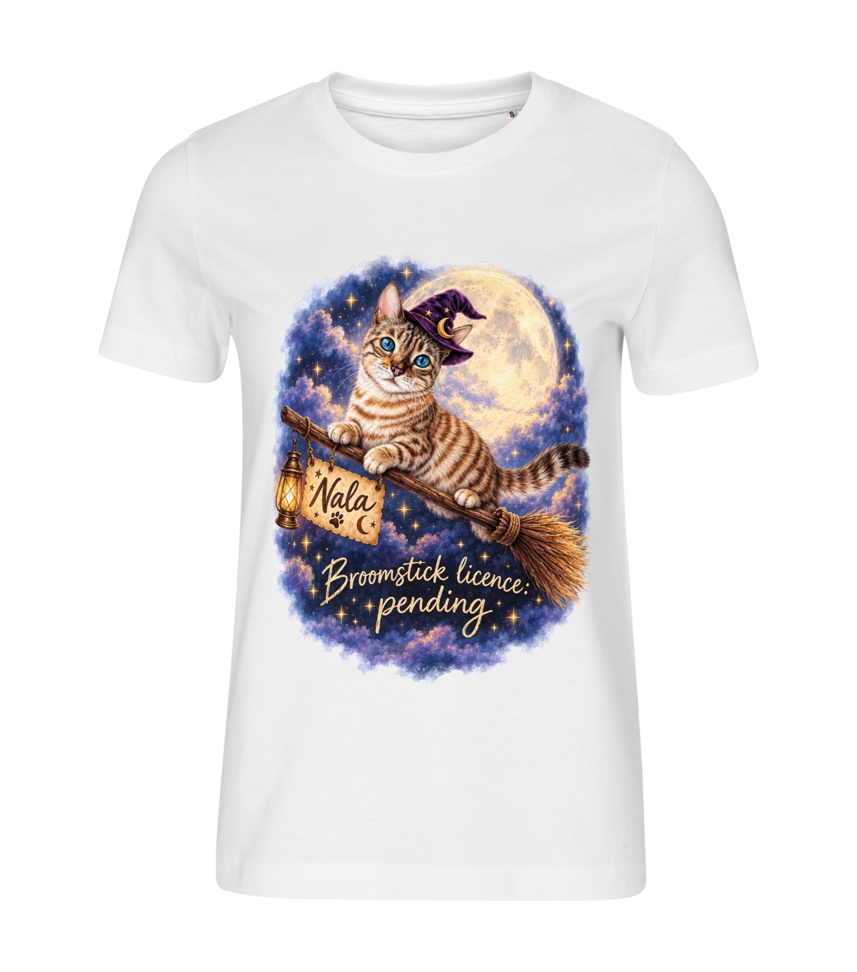 Broomstick Licence – women white t-shirt with a cat portrait