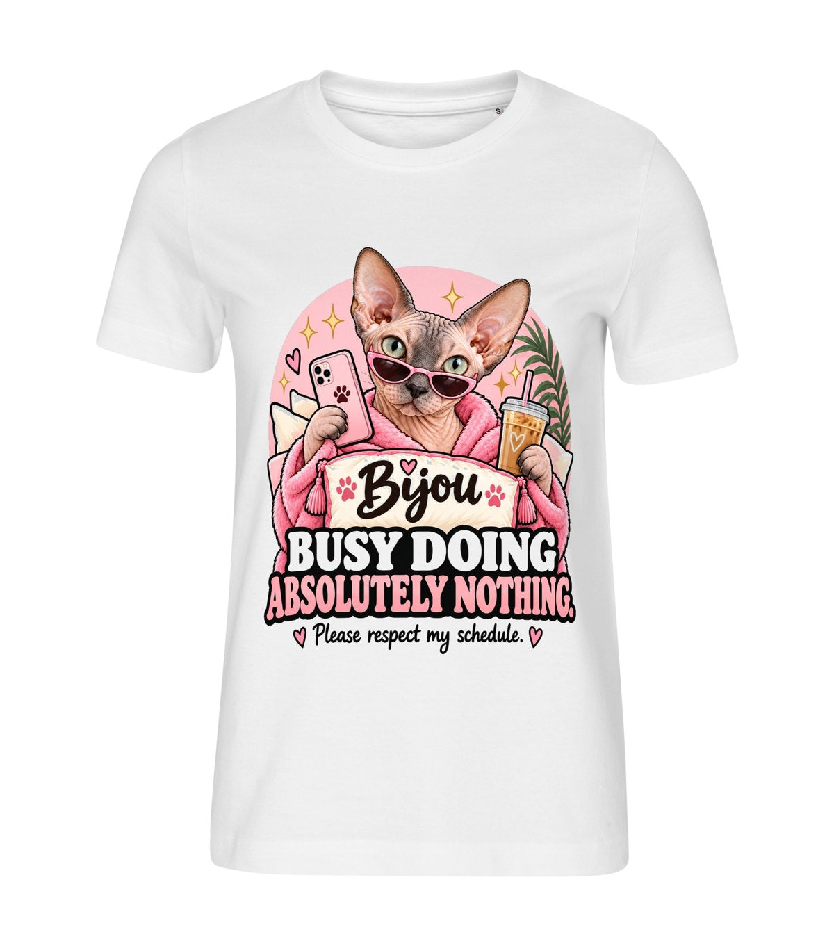 Busy Doing Nothing – women white t-shirt with a cat portrait