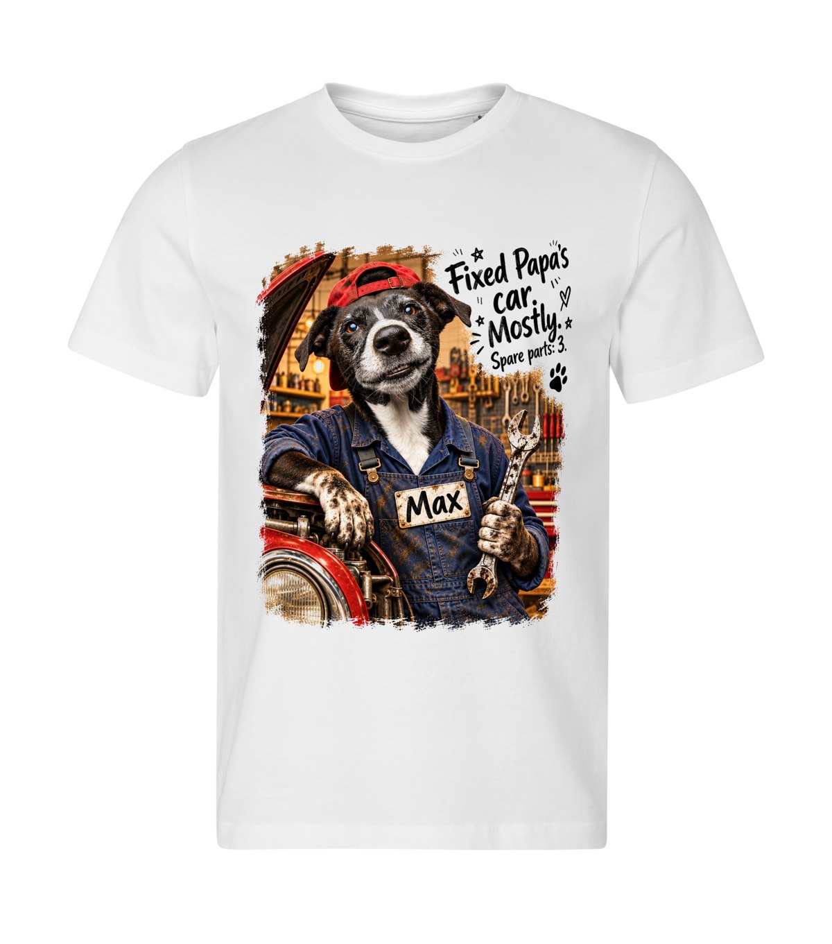 Car Mechanic – men white t-shirt with a dog portrait