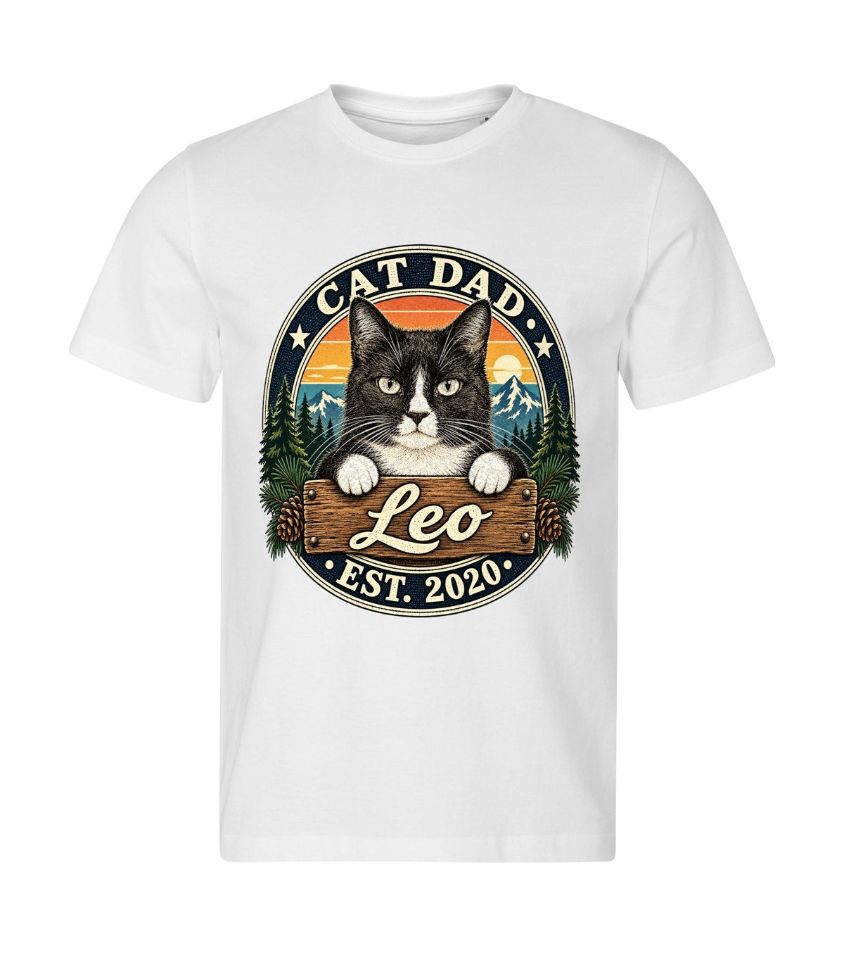 Cat Dad · Badge – men white t-shirt with a cat portrait