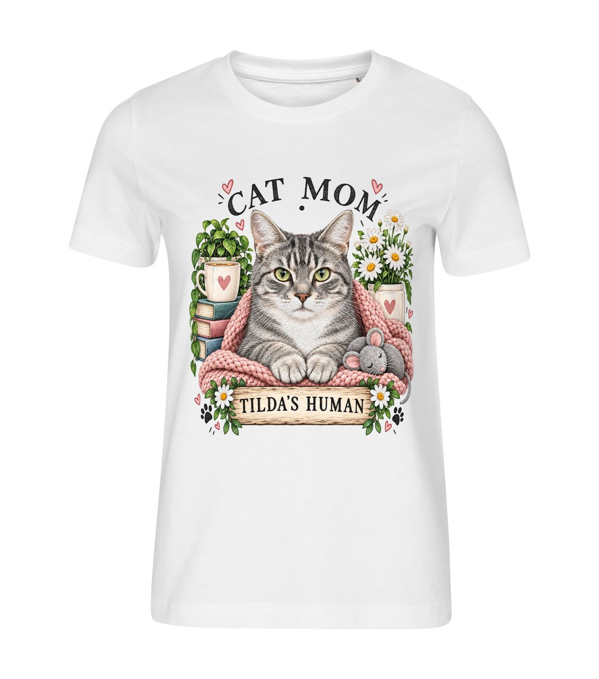 Cat Mom · Botanical – women white t-shirt with a cat portrait
