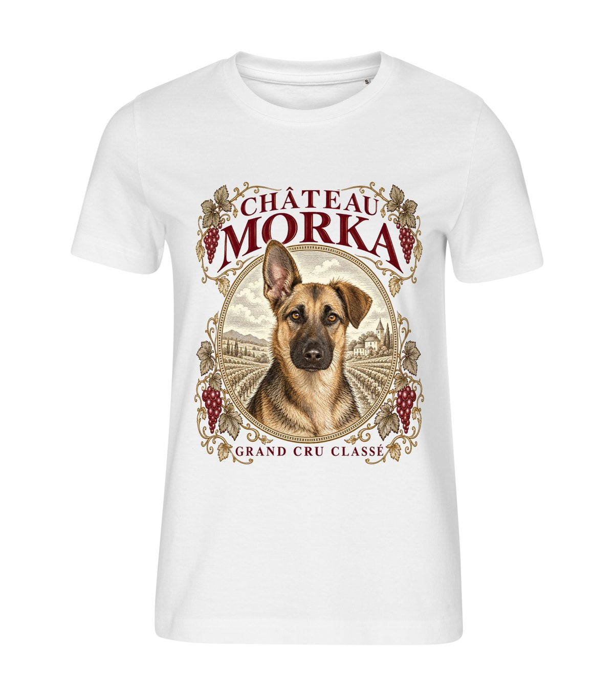 Château Wine Label – women white t-shirt with a dog portrait
