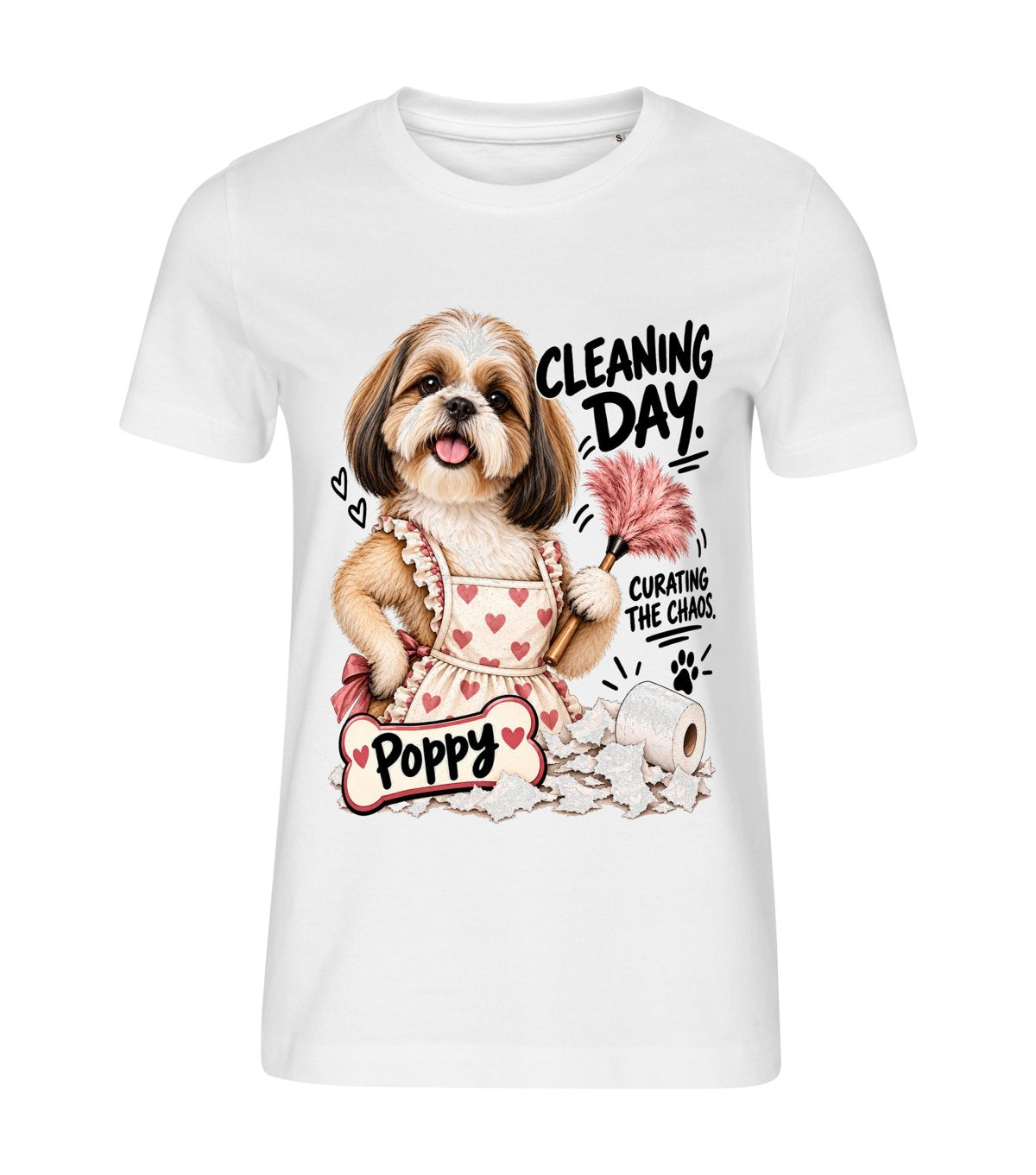 Cleaning Day – women white t-shirt with a dog portrait