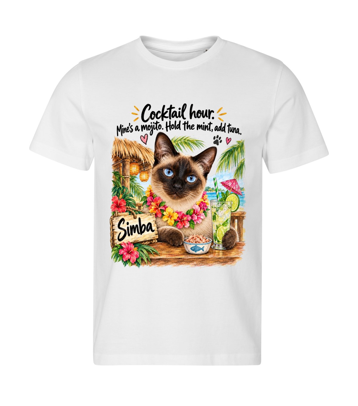 Cocktail Hour – men white t-shirt with a cat portrait