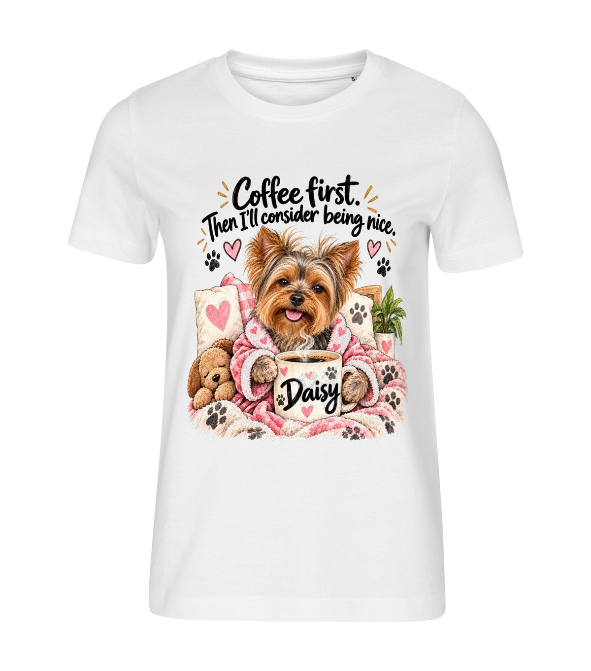 Coffee First – women white t-shirt with a dog portrait