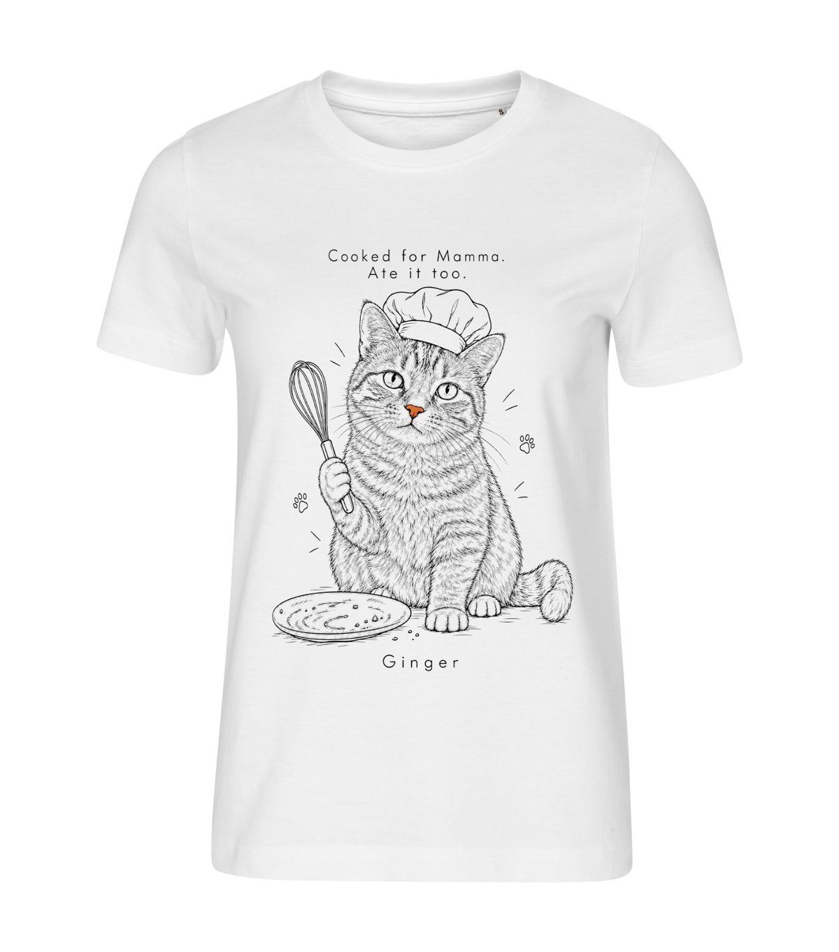 Cooked for You – women white t-shirt with a cat portrait