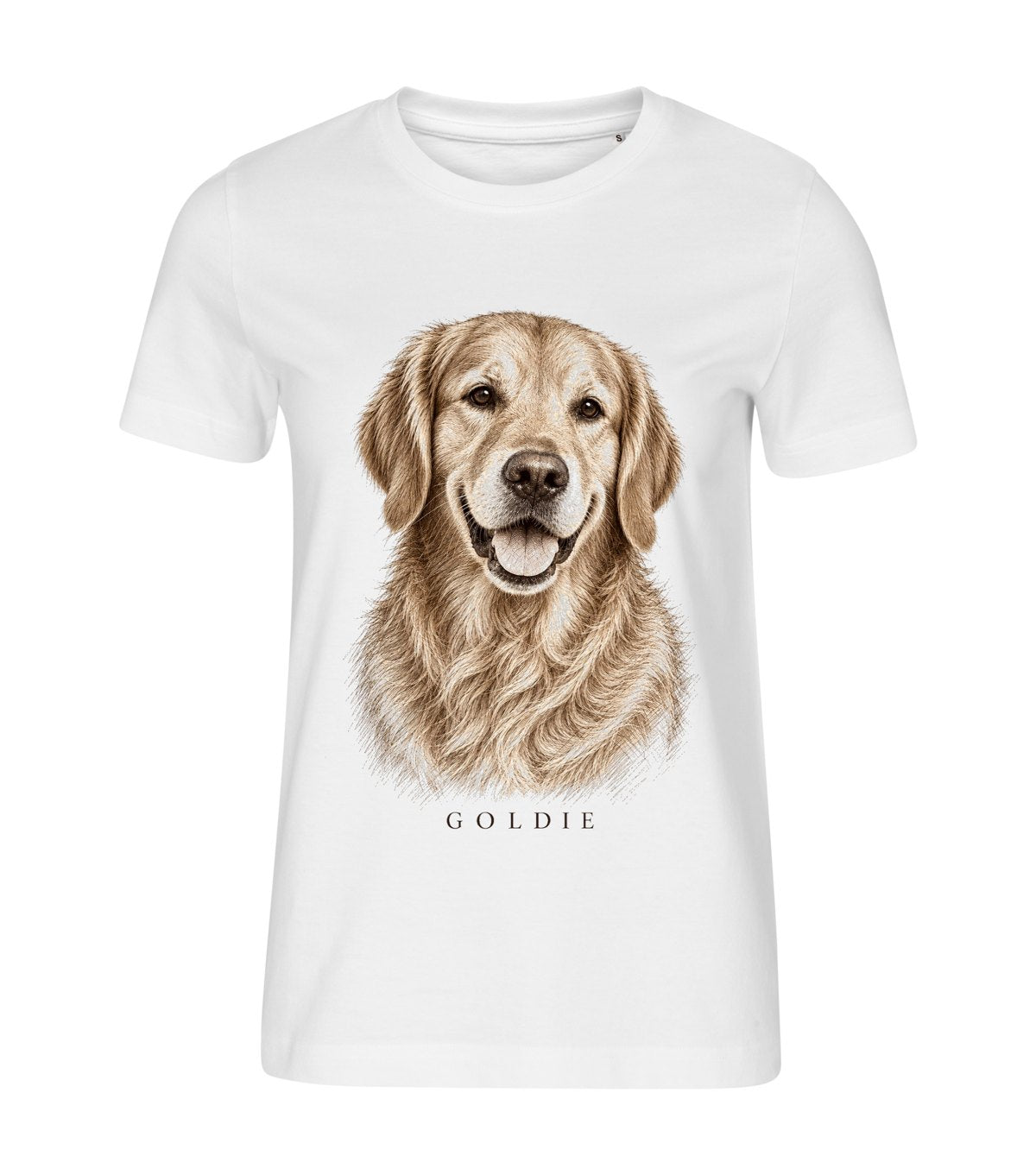 Copperplate Engraving – women white t-shirt with a dog portrait