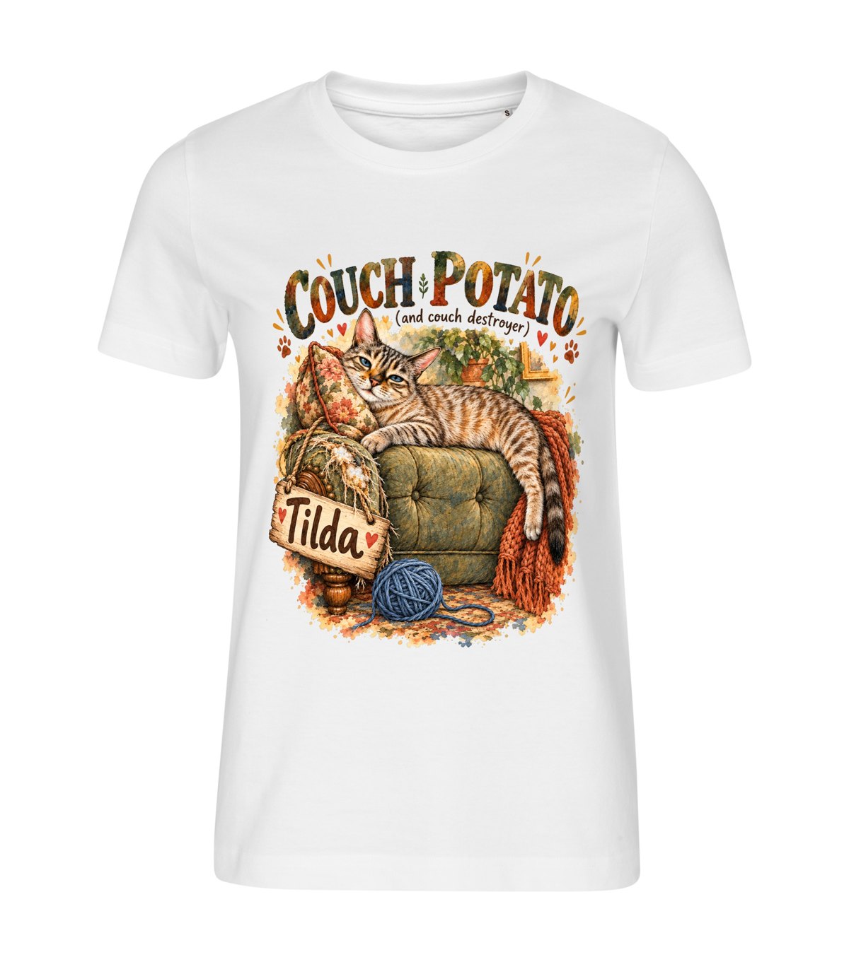 Couch Potato Cat – women white t-shirt with a cat portrait