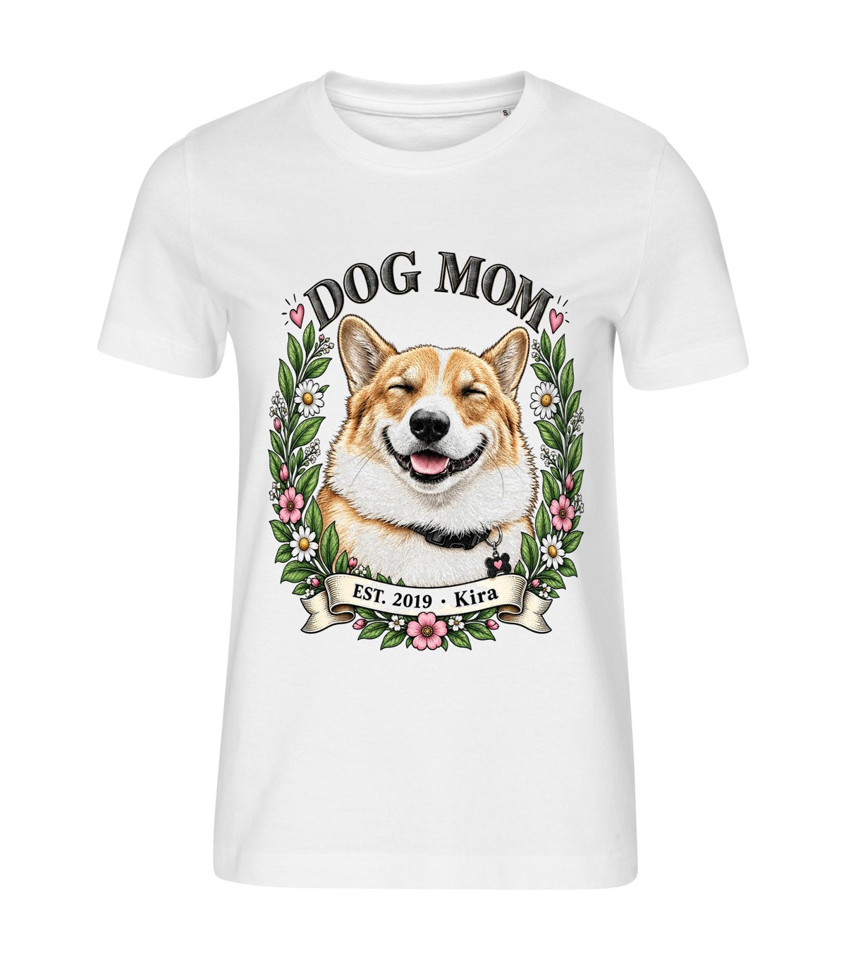 Dog Mom · Engraved – women white t-shirt with a dog portrait