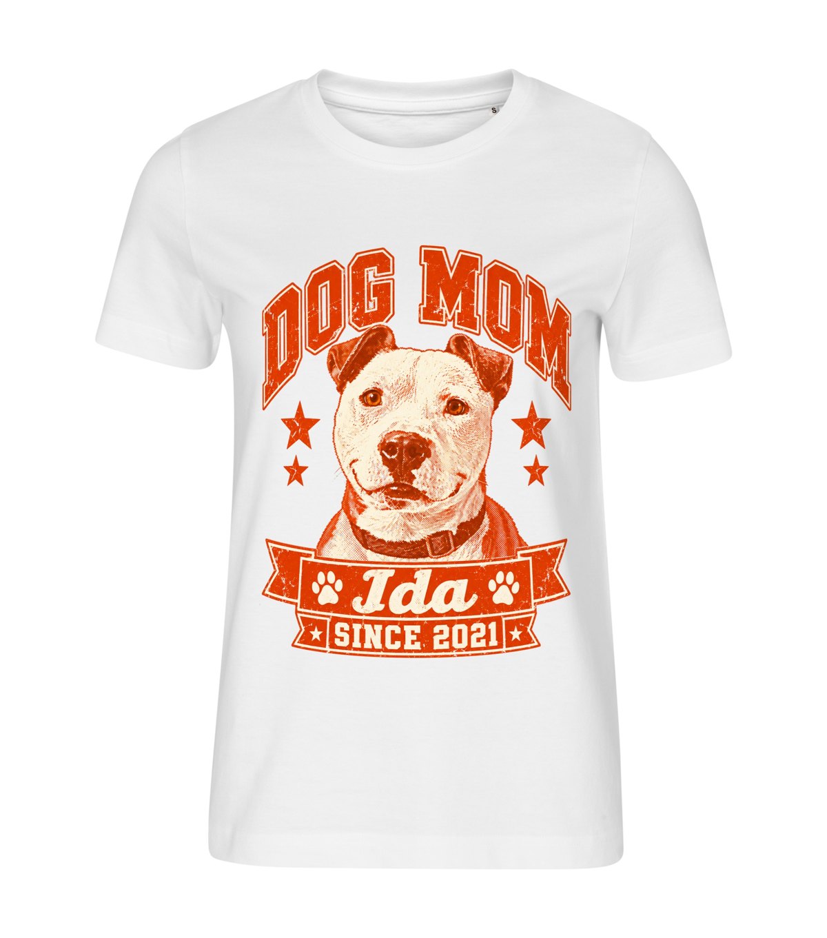 Dog Mom · Varsity – women white t-shirt with a dog portrait