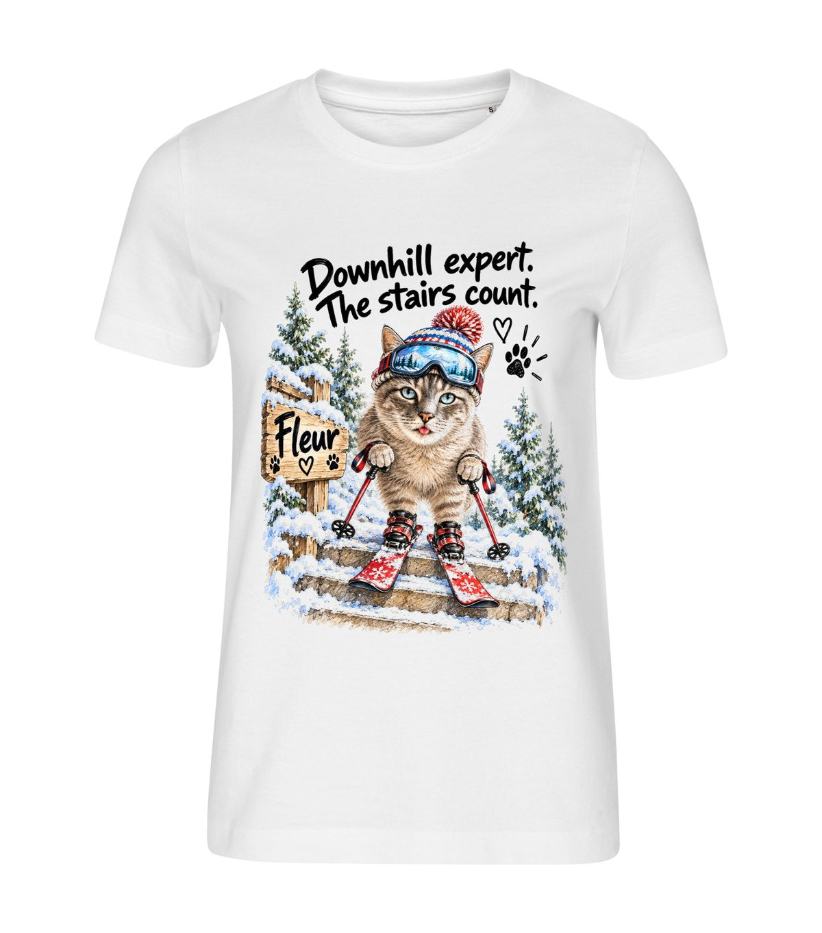 Downhill Expert – women white t-shirt with a cat portrait