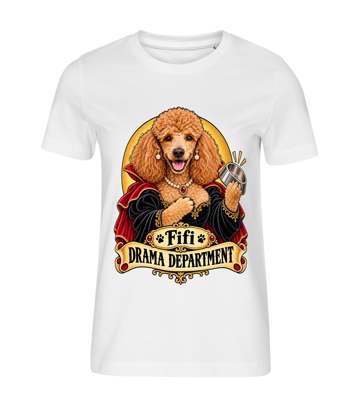 Drama Department – women white t-shirt with a dog portrait