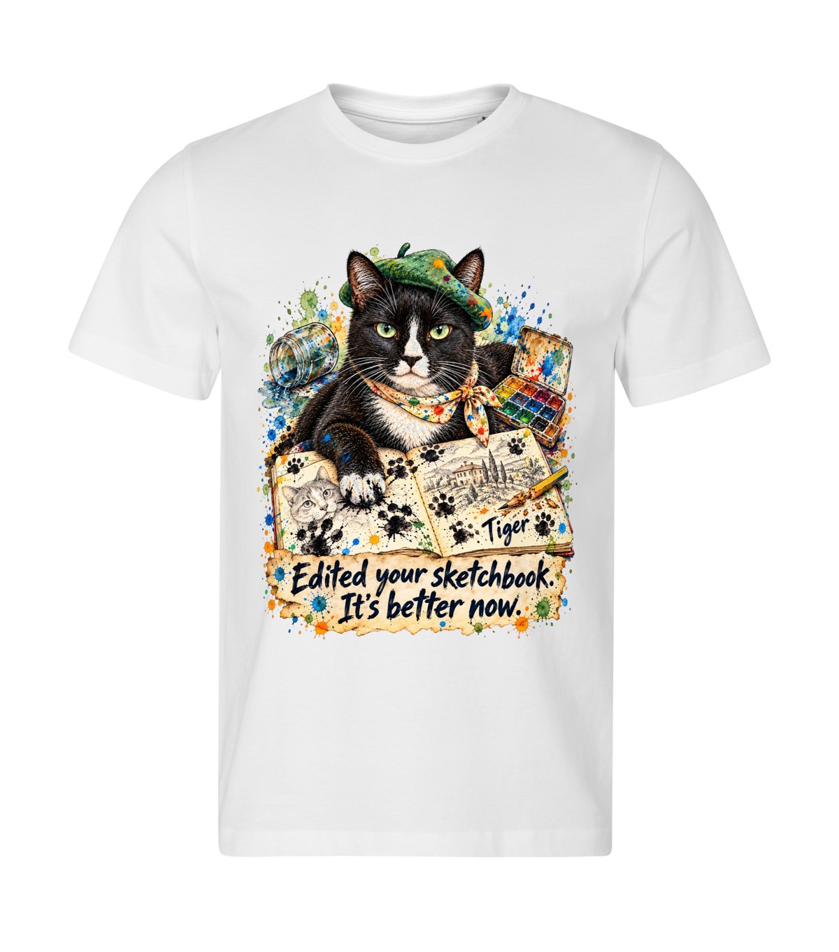 Edited Sketchbook – men white t-shirt with a cat portrait