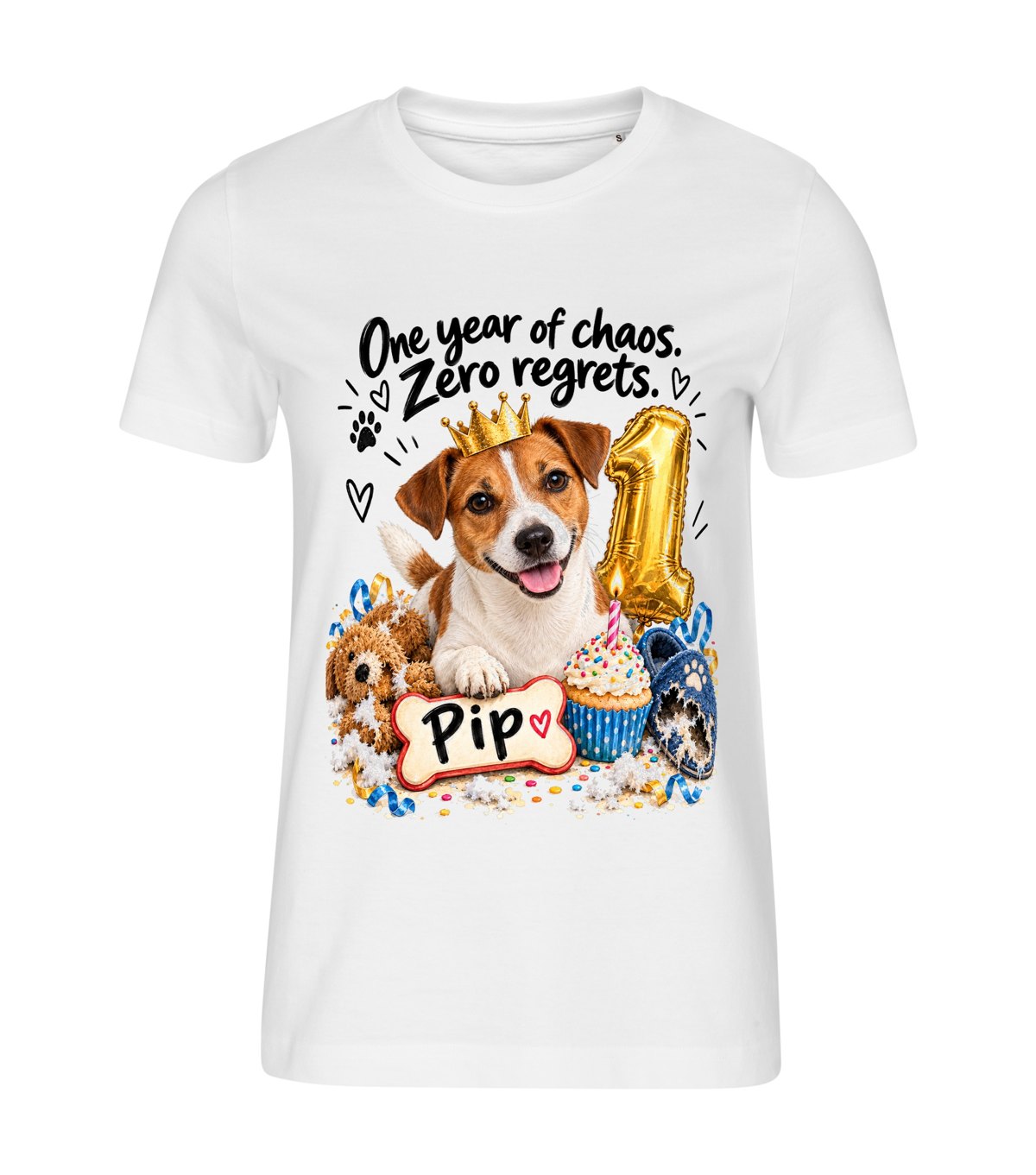 First Birthday – women white t-shirt with a dog portrait