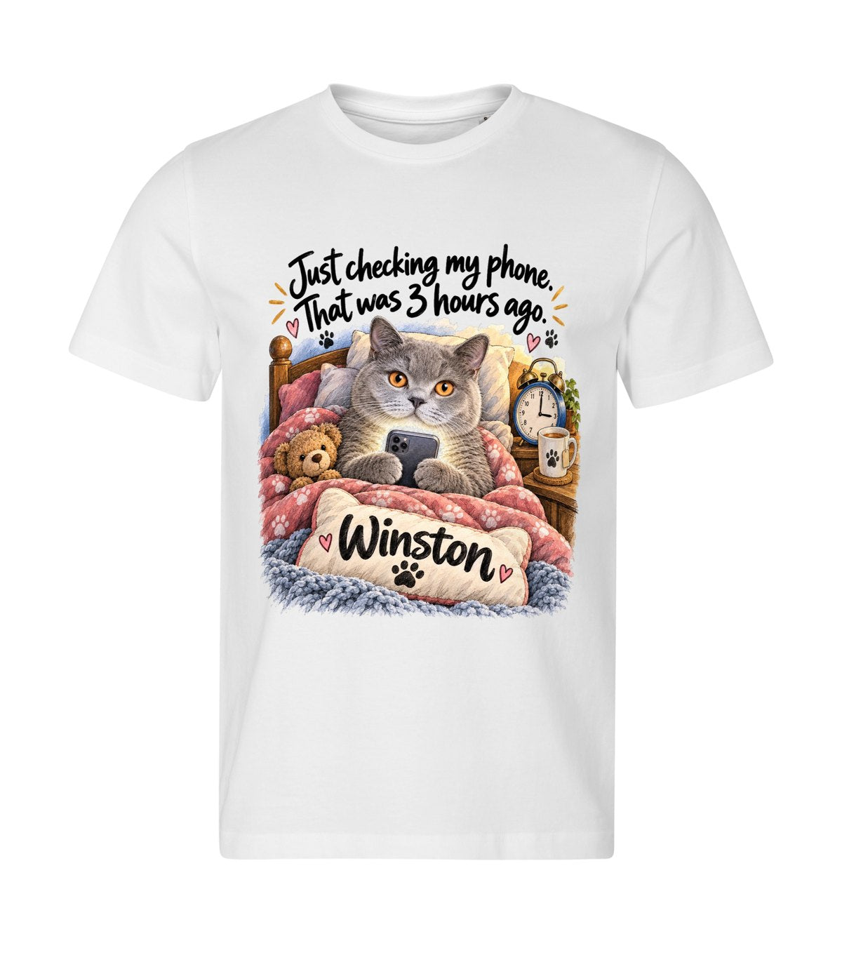 Five More Minutes – men white t-shirt with a cat portrait