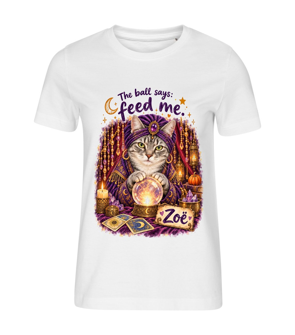 Fortune Teller – women white t-shirt with a cat portrait