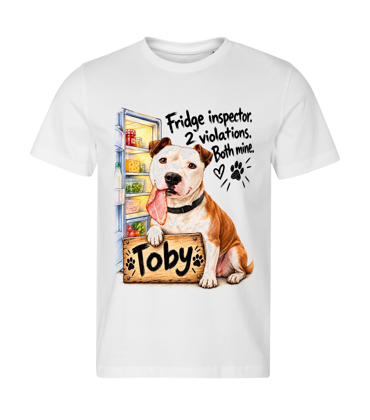Fridge Inspector – men white t-shirt with a dog portrait