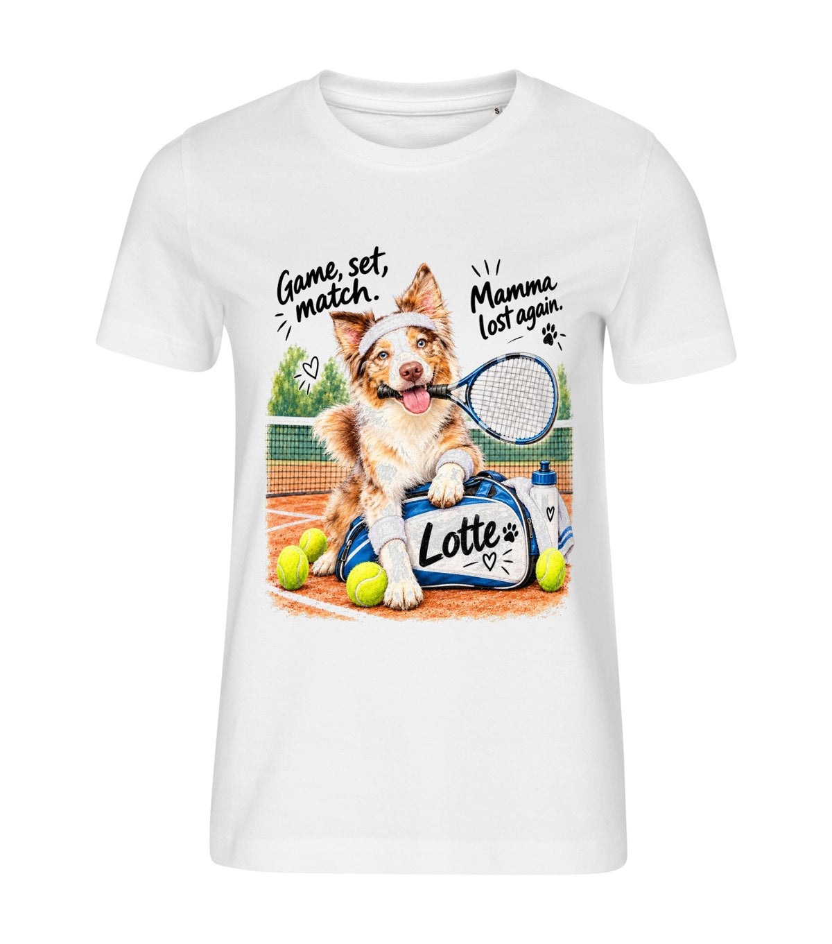 Game, Set, Match – women white t-shirt with a dog portrait