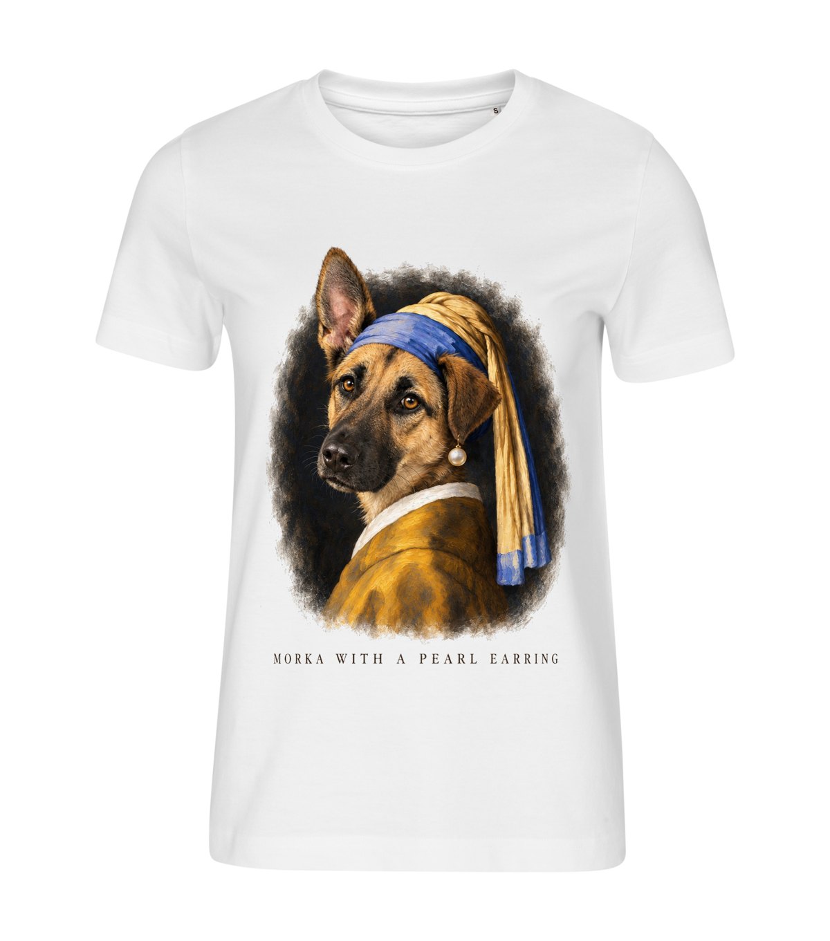 Girl with a Pearl Earring – women white t-shirt with a dog portrait