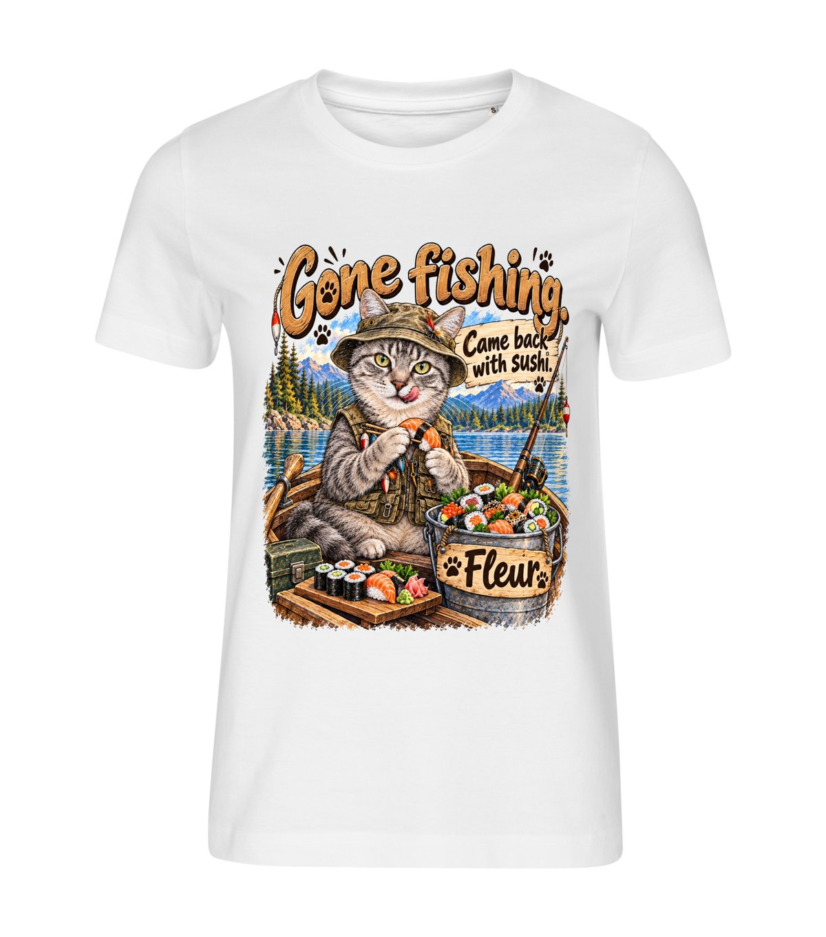 Gone Fishing – women white t-shirt with a cat portrait