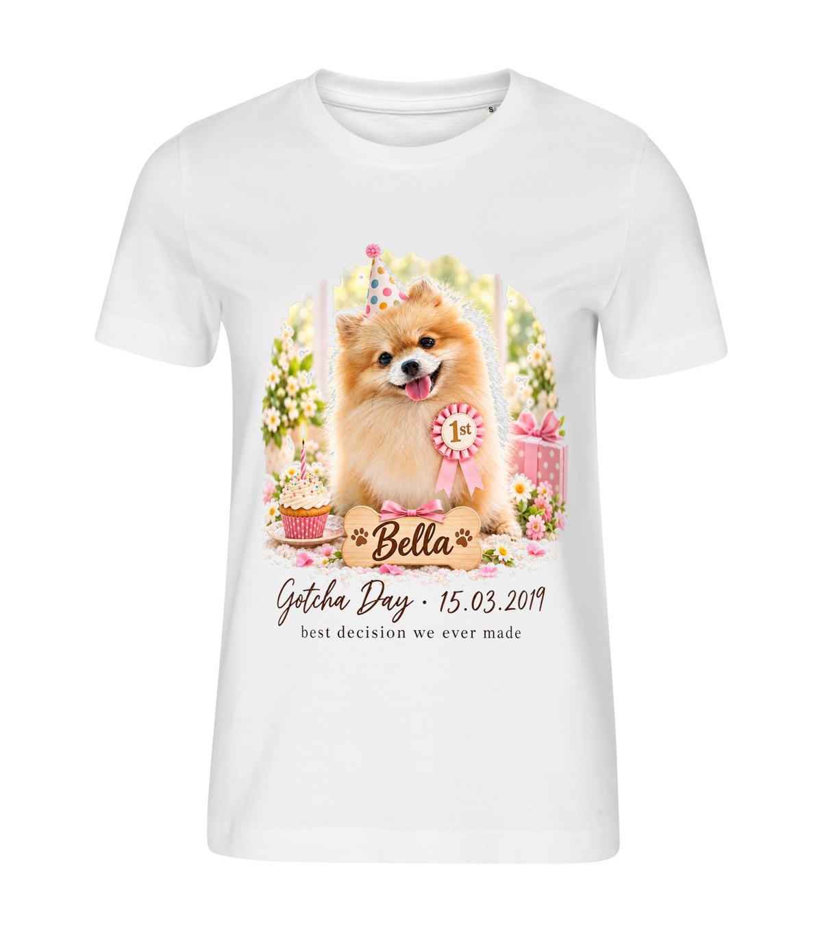 Gotcha Day – women white t-shirt with a dog portrait