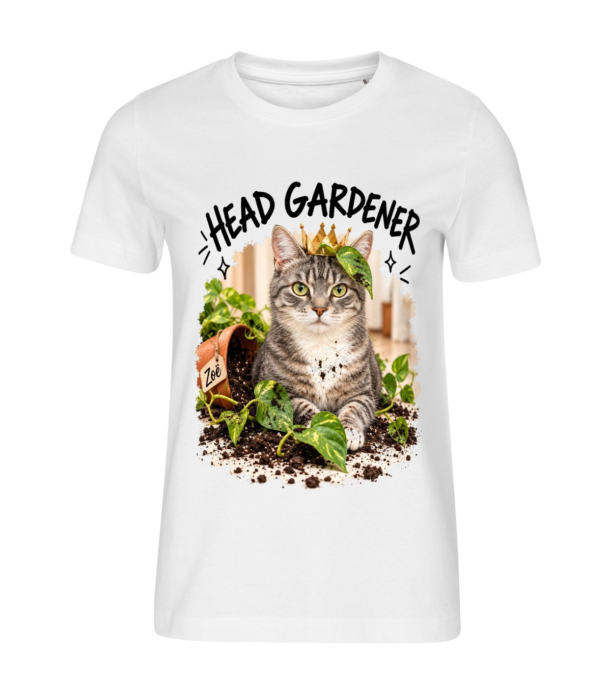 Head Gardener – women white t-shirt with a cat portrait
