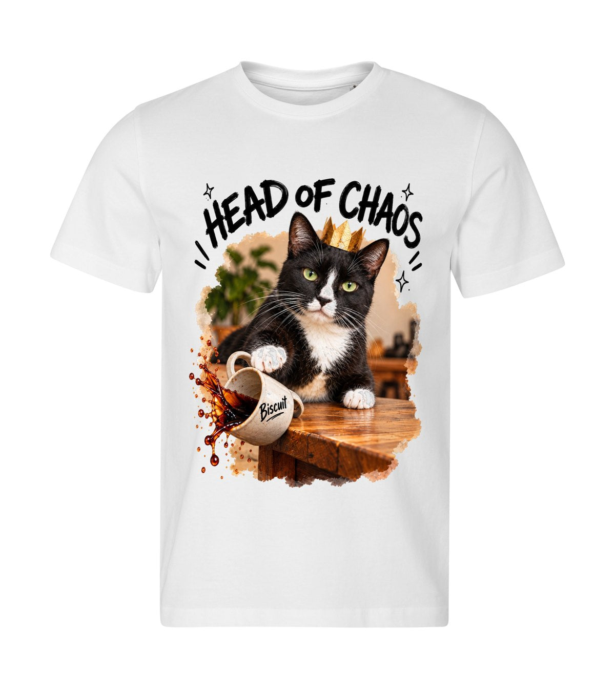 Head of Chaos – men white t-shirt with a cat portrait