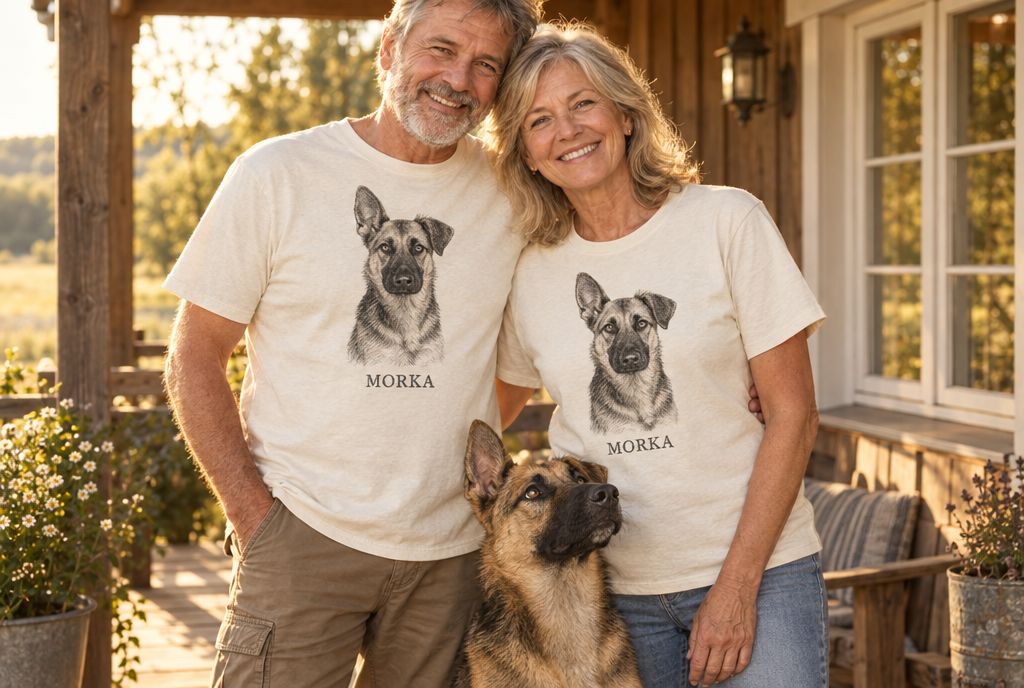 Couple wearing matching tees with charcoal portraits of their dog, House of Morka