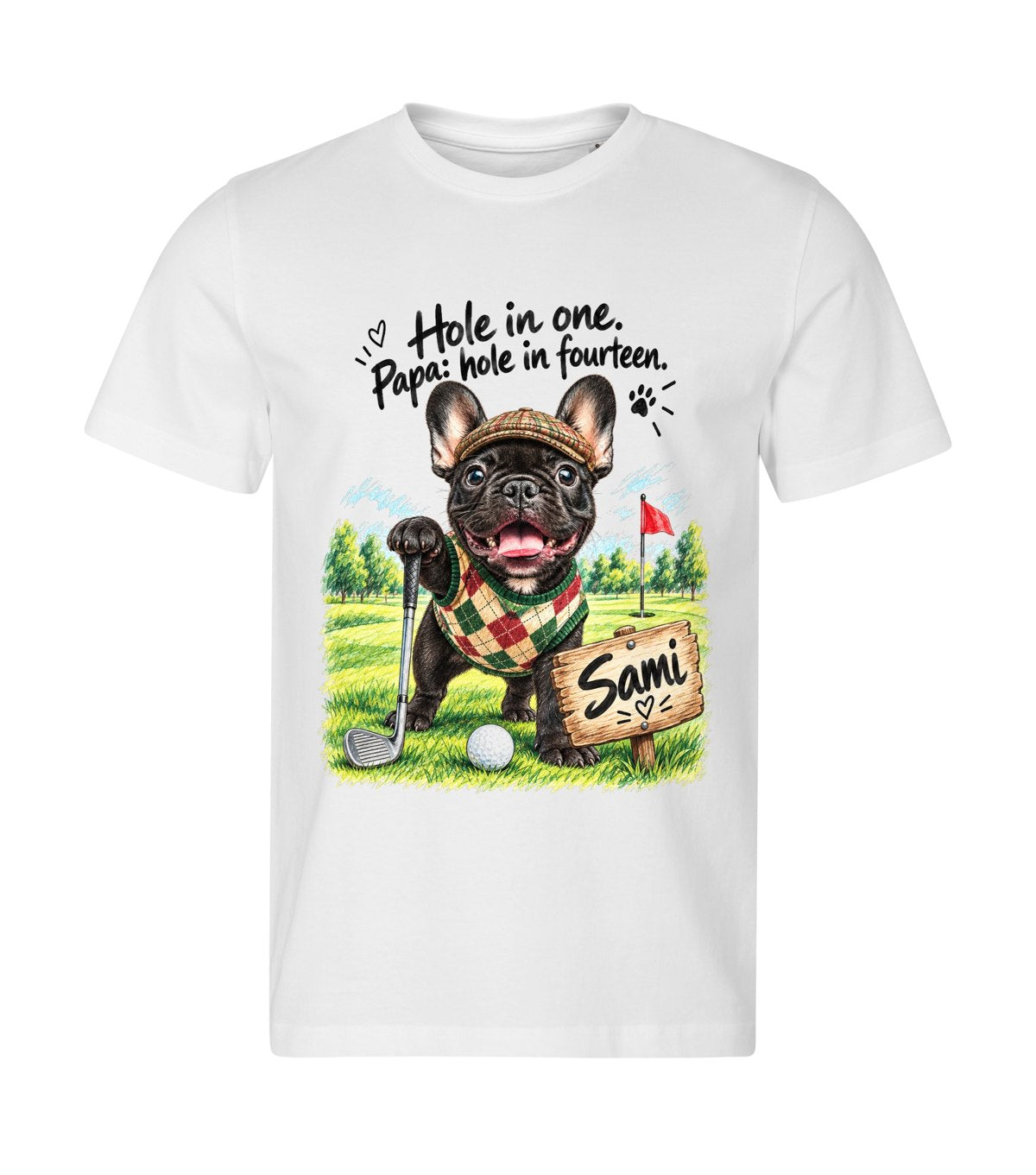 Hole in One – men white t-shirt with a dog portrait