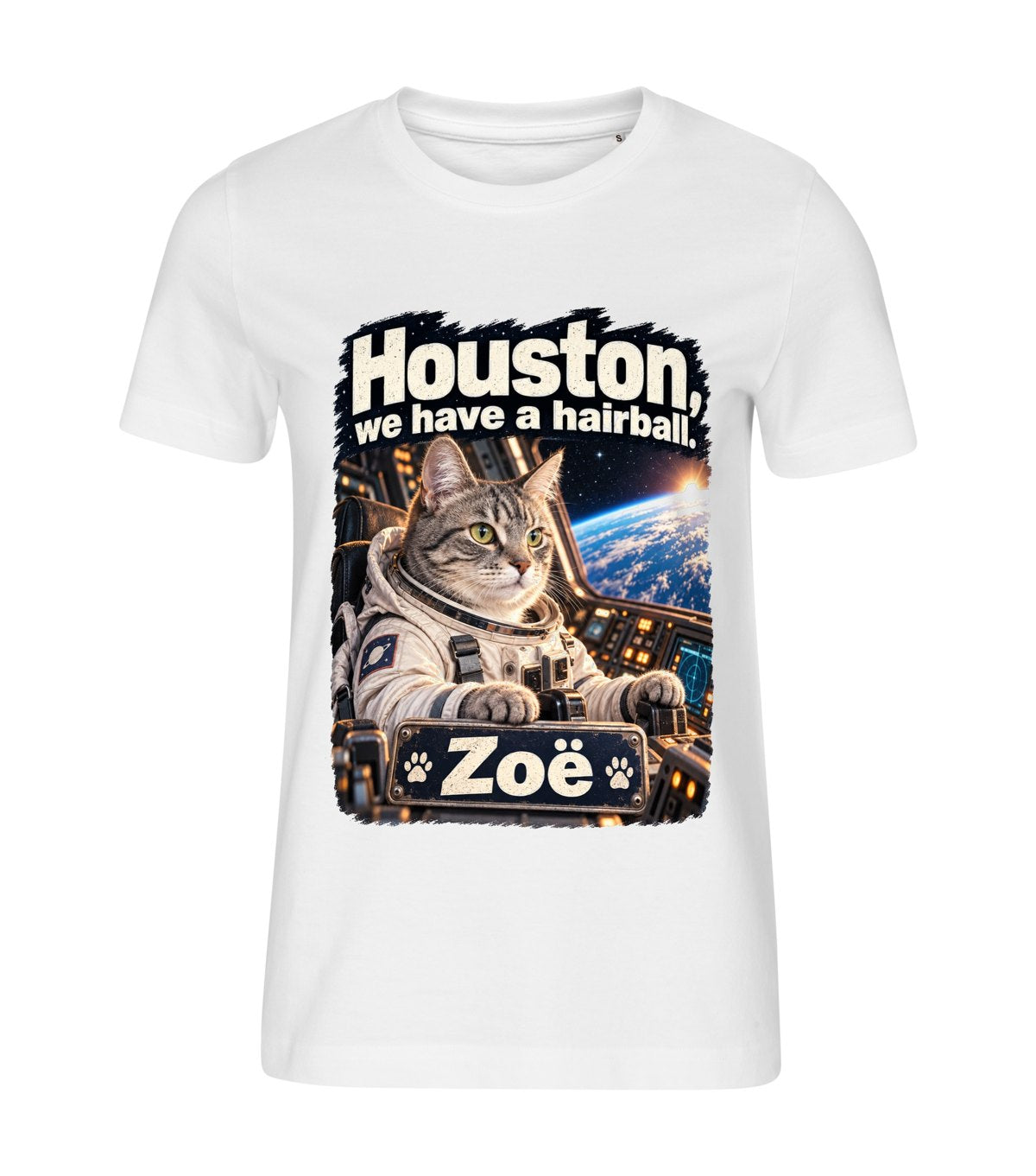 Houston, We Have a Hairball – women white t-shirt with a cat portrait