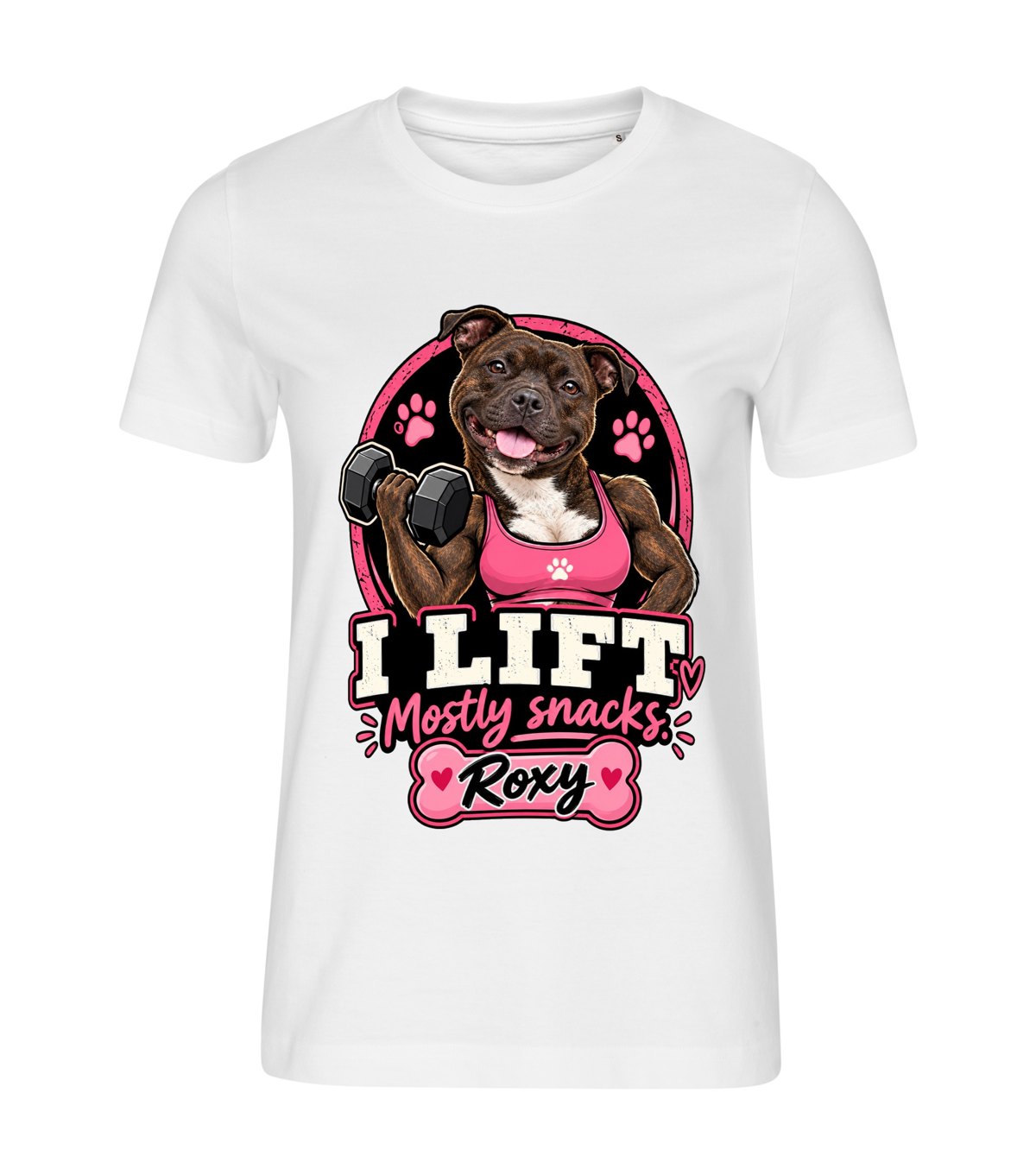 I Lift – women white t-shirt with a dog portrait