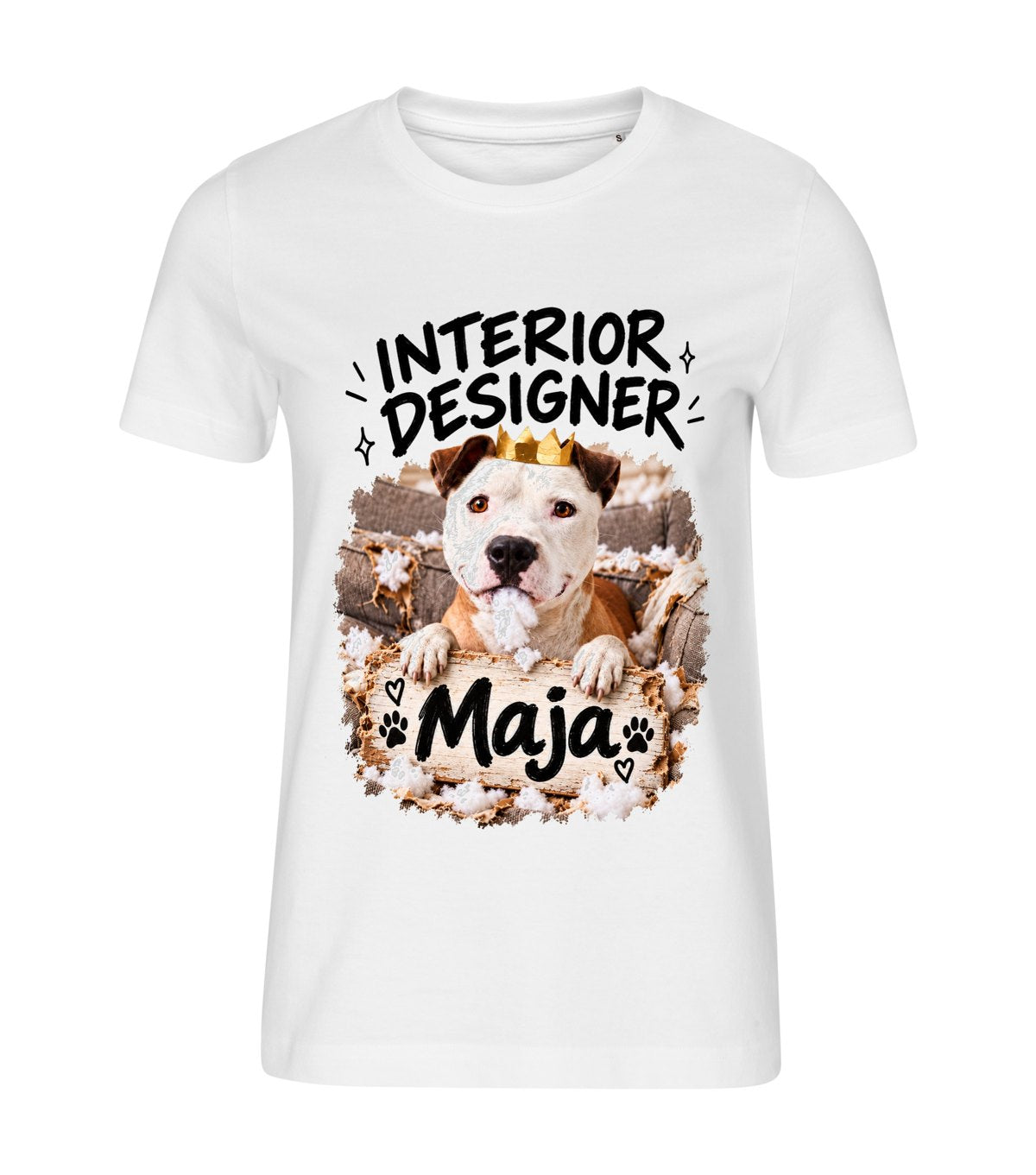 Interior Designer – women white t-shirt with a dog portrait
