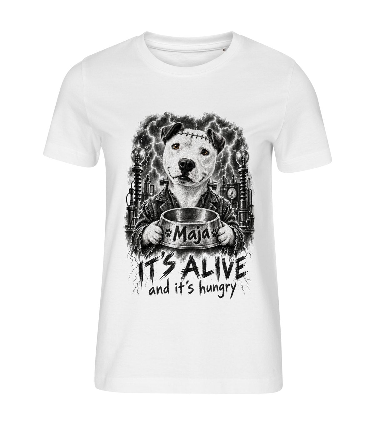 It's Alive – women white t-shirt with a dog portrait