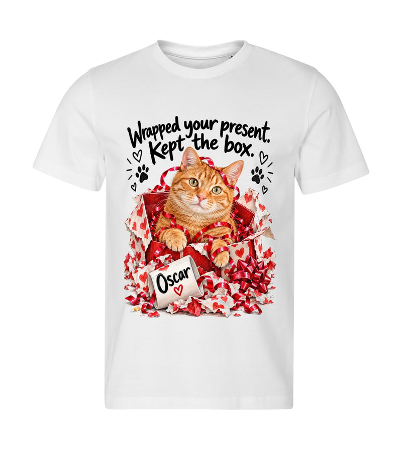Kept the Box – men white t-shirt with a cat portrait