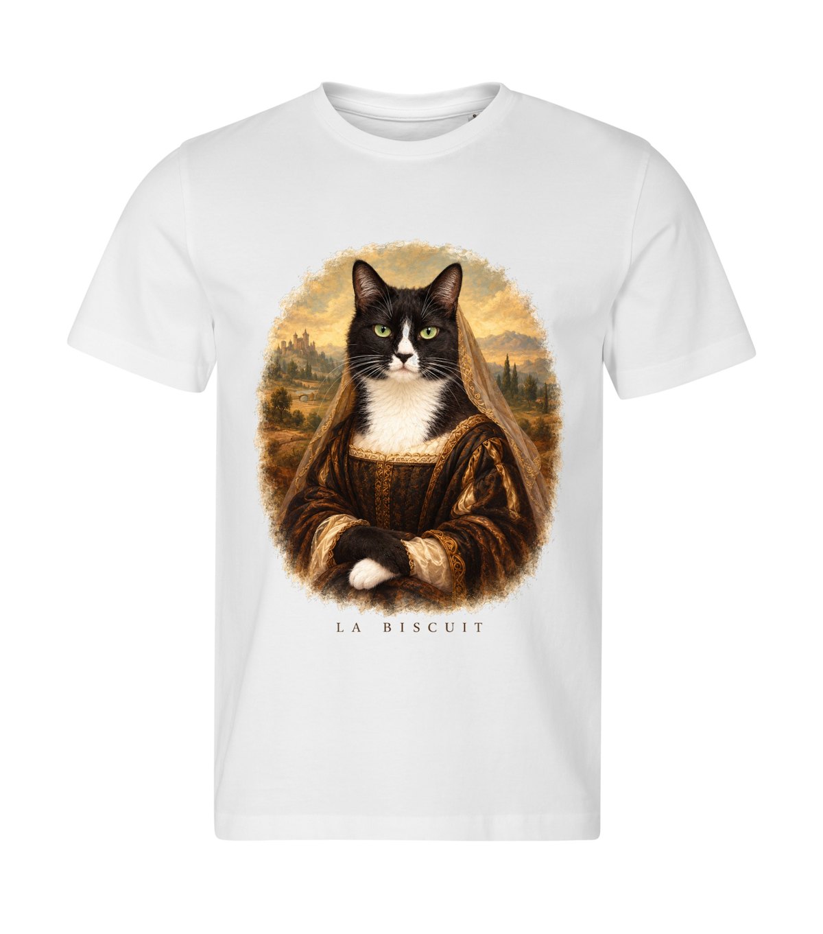 La Mona – men white t-shirt with a cat portrait