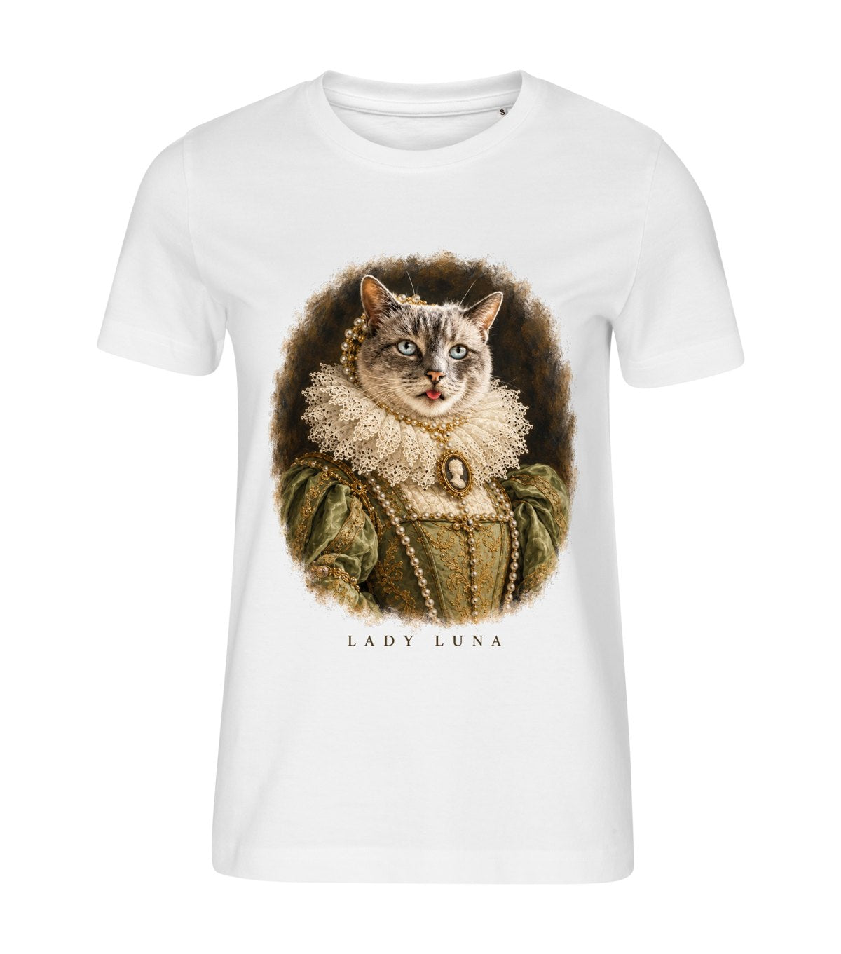 Lady in a Ruff – women white t-shirt with a cat portrait