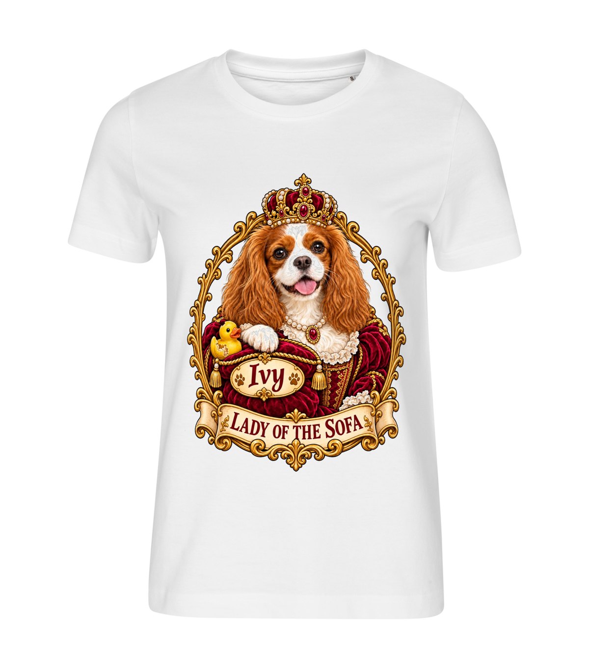 Lady of the Sofa – women white t-shirt with a dog portrait